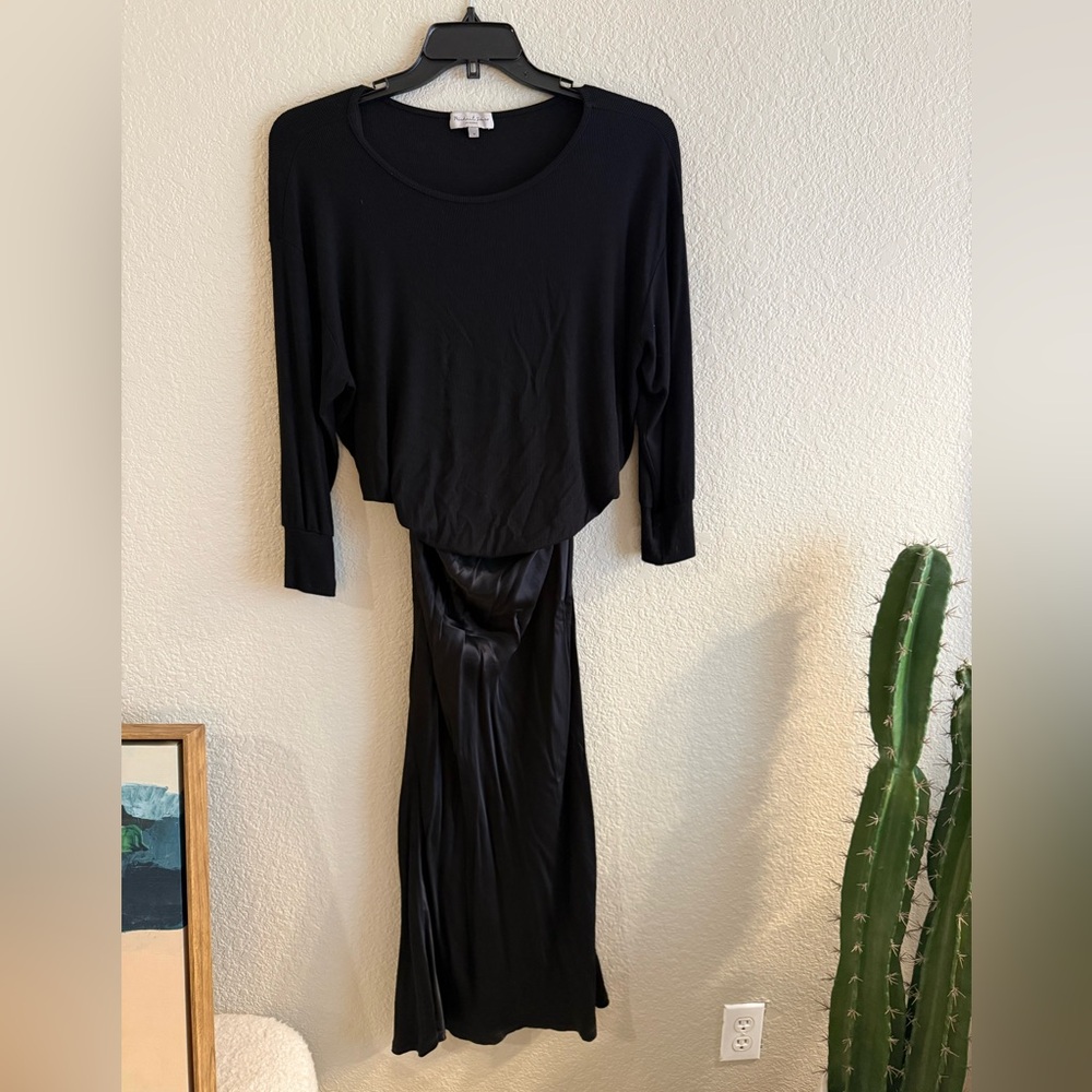 Michael Stars Nadia Mixed Fabric Black Satin Long Sleeve Midi Dress